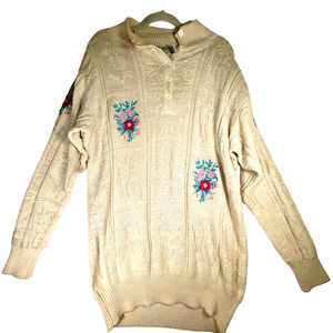 Bonnie Boerer Vintage Sz Petite S Long Line Sweater Off White Embroidered Floral